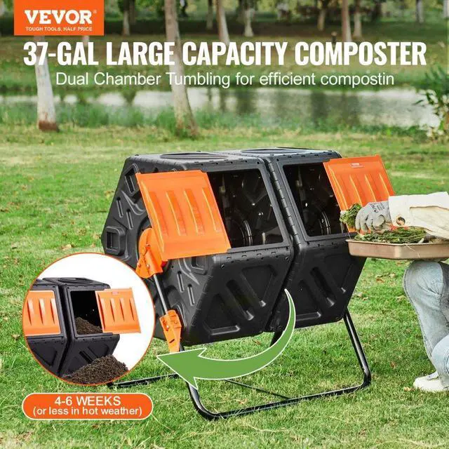 Alt view image 2 of 7 - VEVOR Compost Bin, 37-Gal Dual Chamber Composting Tumbler, High Volume Two Rotating Chambers with 2 Sliding Door and Steel Frame, BPA Free Composter Bin Tumbler for Garden, Kitchen, Yard, Outdoor