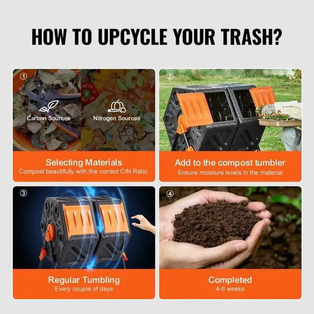 Alt view image 6 of 7 - VEVOR Compost Bin, 37-Gal Dual Chamber Composting Tumbler, High Volume Two Rotating Chambers with 2 Sliding Door and Steel Frame, BPA Free Composter Bin Tumbler for Garden, Kitchen, Yard, Outdoor