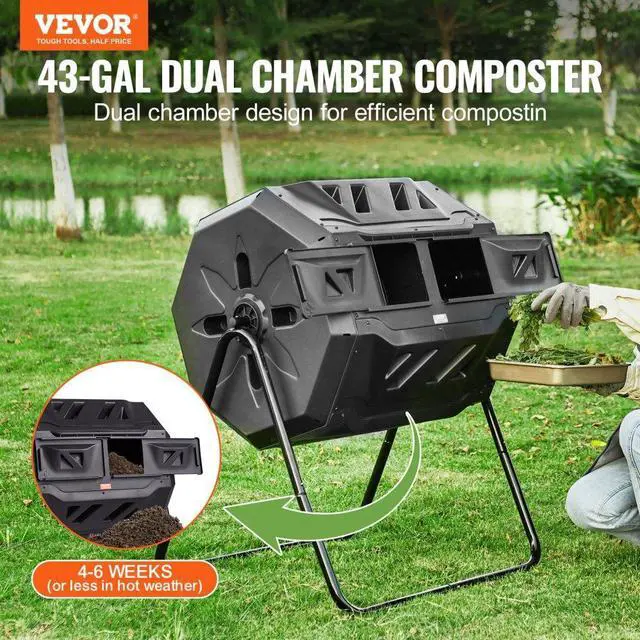 Alt view image 2 of 7 - VEVOR Compost Bin, 43-Gal Dual Chamber Composting Tumbler, Large Tumbling Rotating Composter with 2 Sliding Doors and Steel Frame, BPA Free Composter Bin Tumbler for Garden, Kitchen, Yard, Outdoor