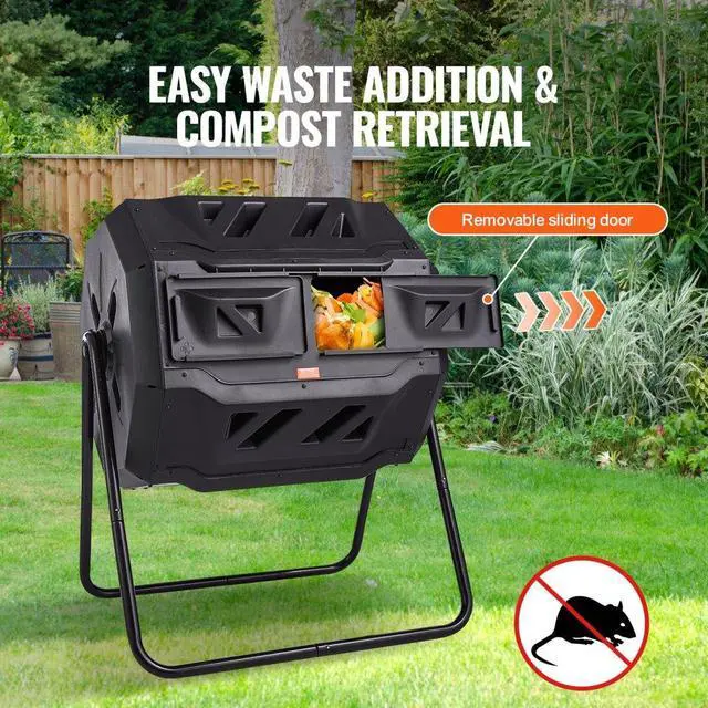 Alt view image 3 of 7 - VEVOR Compost Bin, 43-Gal Dual Chamber Composting Tumbler, Large Tumbling Rotating Composter with 2 Sliding Doors and Steel Frame, BPA Free Composter Bin Tumbler for Garden, Kitchen, Yard, Outdoor