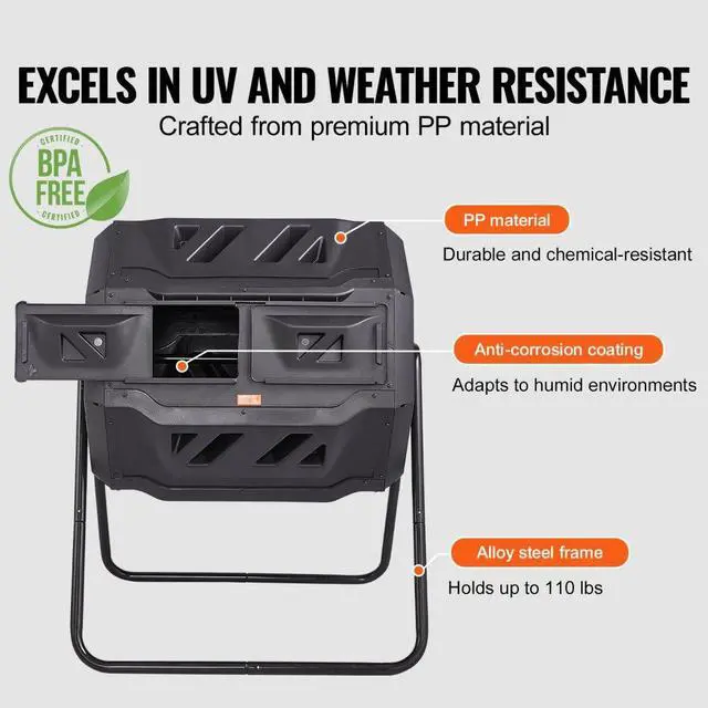 Alt view image 4 of 7 - VEVOR Compost Bin, 43-Gal Dual Chamber Composting Tumbler, Large Tumbling Rotating Composter with 2 Sliding Doors and Steel Frame, BPA Free Composter Bin Tumbler for Garden, Kitchen, Yard, Outdoor