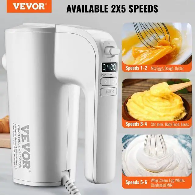 Alt view image 2 of 7 - VEVOR Digital Electric Hand Mixer, 5-Speed, 200W Portable Electric Handheld Mixer, with Turbo Boost Beaters Dough Hooks Whisks Storage Bag, Baking Supplies for Whipping Mixing Egg Cookie Cake Cream