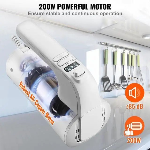 Alt view image 3 of 7 - VEVOR Digital Electric Hand Mixer, 5-Speed, 200W Portable Electric Handheld Mixer, with Turbo Boost Beaters Dough Hooks Whisks Storage Bag, Baking Supplies for Whipping Mixing Egg Cookie Cake Cream