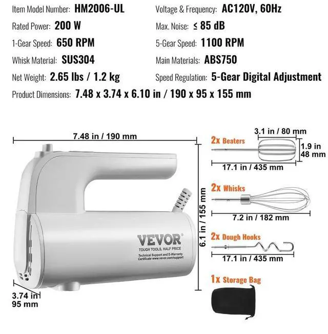 Alt view image 7 of 7 - VEVOR Digital Electric Hand Mixer, 5-Speed, 200W Portable Electric Handheld Mixer, with Turbo Boost Beaters Dough Hooks Whisks Storage Bag, Baking Supplies for Whipping Mixing Egg Cookie Cake Cream