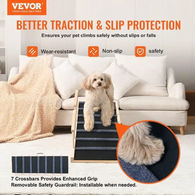 Alt view image 2 of 7 - VEVOR Dog Ramp, Folding Pet Ramp for Bed, Adjustable Dog Ramp for Small, Large, Old Dogs & Cats, Wooden Pet Ramp with 47.2" Long Ramp, Adjustable from 13.8" to 27.6", Suitable for Couch, Sofa, Car