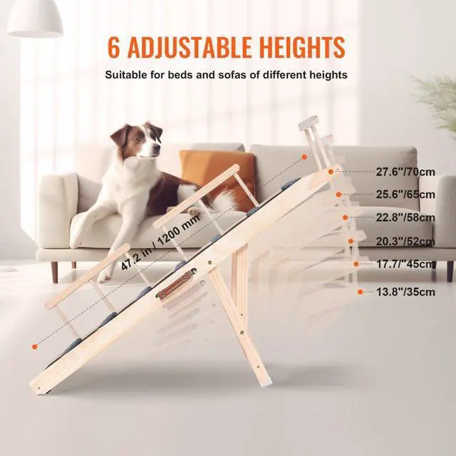Alt view image 5 of 7 - VEVOR Dog Ramp, Folding Pet Ramp for Bed, Adjustable Dog Ramp for Small, Large, Old Dogs & Cats, Wooden Pet Ramp with 47.2" Long Ramp, Adjustable from 13.8" to 27.6", Suitable for Couch, Sofa, Car