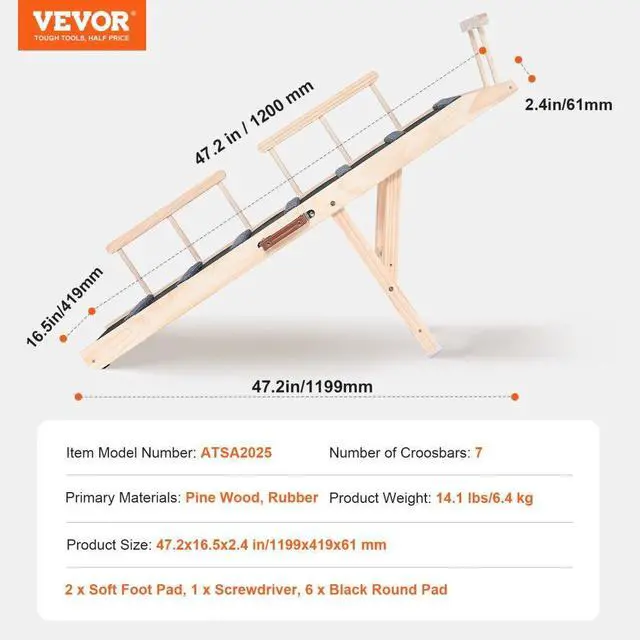 Alt view image 7 of 7 - VEVOR Dog Ramp, Folding Pet Ramp for Bed, Adjustable Dog Ramp for Small, Large, Old Dogs & Cats, Wooden Pet Ramp with 47.2" Long Ramp, Adjustable from 13.8" to 27.6", Suitable for Couch, Sofa, Car