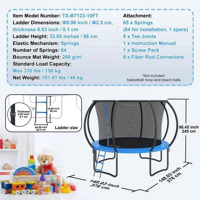Alt view image 8 of 8 - Vevor 10Ft Trampoline, 330 Lbs Trampoline With Enclosure Net, Ladder, And Curved Pole, Heavy Duty Trampoline With Jumping Mat And Spring Cover Padding, Outdoor Recreational Trampolines For Kids Adults