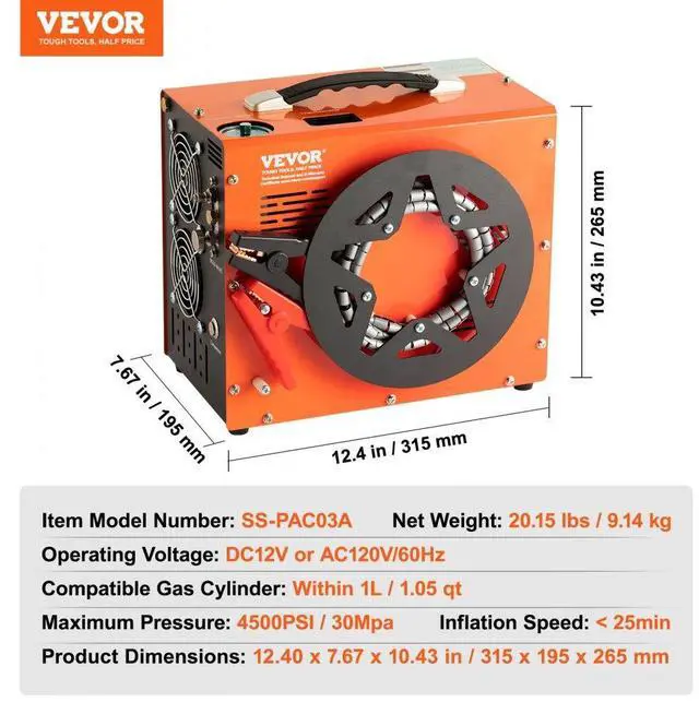 Alt view image 7 of 7 - VEVOR PCP Air Compressor, 4500PSI/30Mpa Portable PCP Compressor with Built-in Power Converter, Auto-Stop | DC12V/AC120V | Oil & Water-Free Compressor Pump