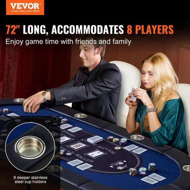 Alt view image 2 of 7 - VEVOR 8 Player Foldable Poker Table, Blackjack Texas Holdem Poker Table with Padded Rails and Stainless Steel Cup Holders, Portable Folding Card Board Game Table, 72" Oval Casino Leisure Table, Blue