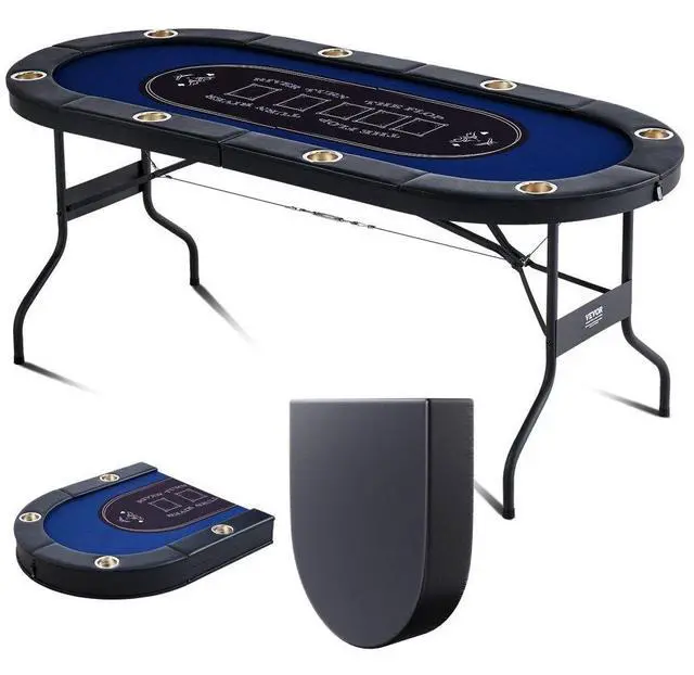 Main image of VEVOR 8 Player Foldable Poker Table, Blackjack Texas Holdem Poker Table with Padded Rails and Stainless Steel Cup Holders, Portable Folding Card Board Game Table, 72" Oval Casino Leisure Table, Blue