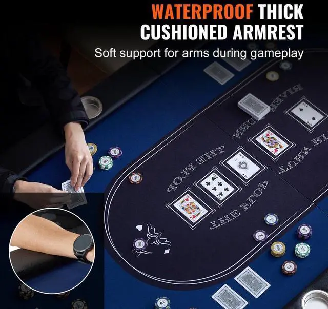 Alt view image 4 of 7 - VEVOR 8 Player Foldable Poker Table, Blackjack Texas Holdem Poker Table with Padded Rails and Stainless Steel Cup Holders, Portable Folding Card Board Game Table, 72" Oval Casino Leisure Table, Blue