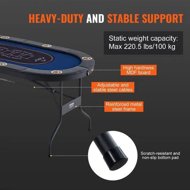 Alt view image 6 of 7 - VEVOR 8 Player Foldable Poker Table, Blackjack Texas Holdem Poker Table with Padded Rails and Stainless Steel Cup Holders, Portable Folding Card Board Game Table, 72" Oval Casino Leisure Table, Blue