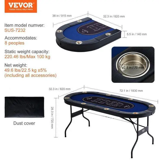Alt view image 7 of 7 - VEVOR 8 Player Foldable Poker Table, Blackjack Texas Holdem Poker Table with Padded Rails and Stainless Steel Cup Holders, Portable Folding Card Board Game Table, 72" Oval Casino Leisure Table, Blue