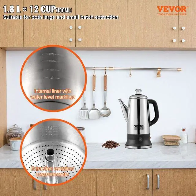 Alt view image 2 of 7 - VEVOR 12-Cup Electric Percolator Coffee Pot, 304 Stainless Steel Coffee Percolator with Keep Warm Function & Heat-Resistant Handle, Classic Coffee Maker, Quick Brew & Easy-Pour Spout, Silver