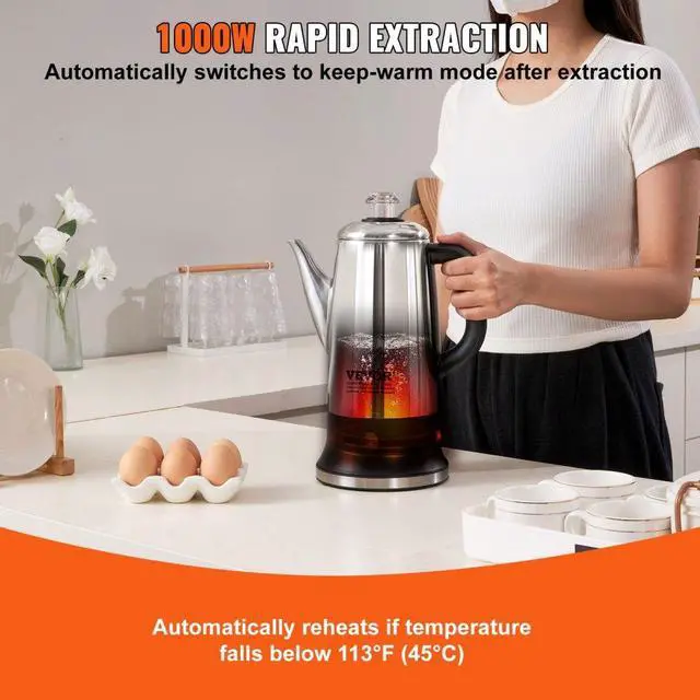 Alt view image 3 of 7 - VEVOR 12-Cup Electric Percolator Coffee Pot, 304 Stainless Steel Coffee Percolator with Keep Warm Function & Heat-Resistant Handle, Classic Coffee Maker, Quick Brew & Easy-Pour Spout, Silver