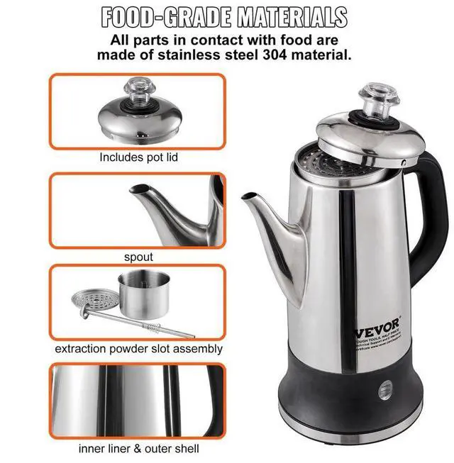 Alt view image 4 of 7 - VEVOR 12-Cup Electric Percolator Coffee Pot, 304 Stainless Steel Coffee Percolator with Keep Warm Function & Heat-Resistant Handle, Classic Coffee Maker, Quick Brew & Easy-Pour Spout, Silver