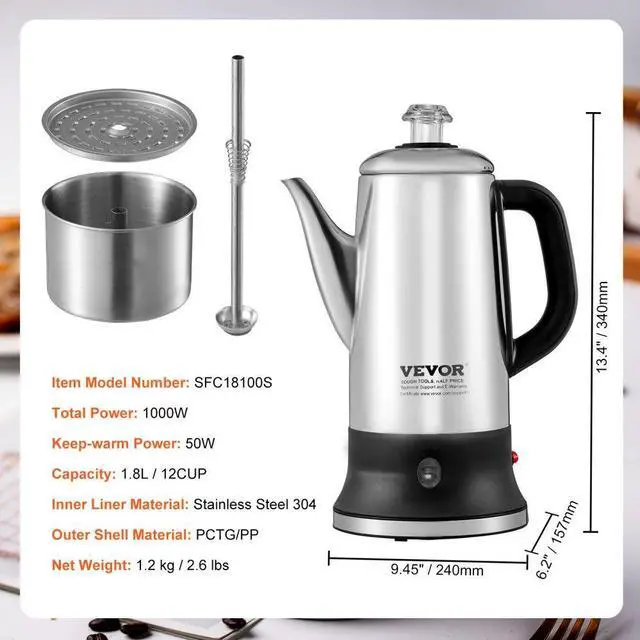 Alt view image 7 of 7 - VEVOR 12-Cup Electric Percolator Coffee Pot, 304 Stainless Steel Coffee Percolator with Keep Warm Function & Heat-Resistant Handle, Classic Coffee Maker, Quick Brew & Easy-Pour Spout, Silver