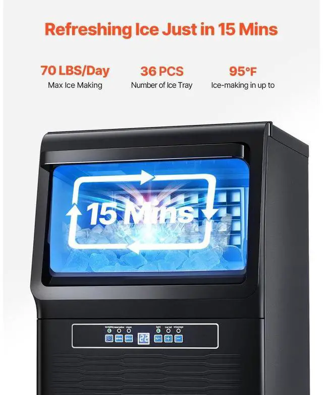 Alt view image 2 of 7 - VEVOR Commercial Ice Maker  70lbs/24H  Ice Maker Machine  36 Ice Cubes in 12-15 Minutes  Freestanding Cabinet Ice Maker with 12lbs Storage Capacity LED Digital Display  for Bar Home Office Restaurant