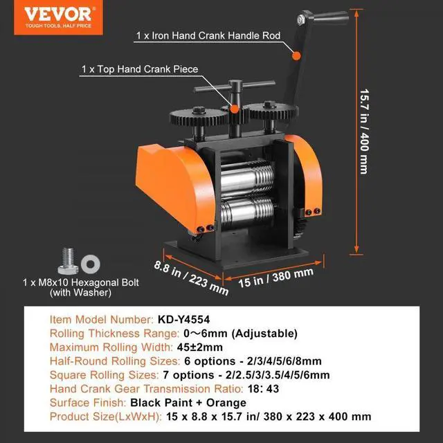Alt view image 7 of 14 - VEVOR Rolling Mill, 1.77"/45 mm Jewelry Rolling Mill Machine, 1: 2.4 Gear Ratio, 3-in-1 Multi-function Rolling Mill, 0-6 mm Press Thickness for Metal Jewelry Making Sheet Square Wire Semicircle