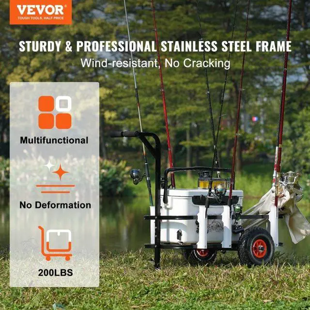 Alt view image 2 of 7 - VEVOR Beach Fishing Cart, 200 lbs Load Capacity, Fish and Marine Cart with Two 11" Big Wheels Rubber Balloon Tires for Sand, Heavy-Duty Steel Pier Wagon Trolley with 7 Rod Holders for Fishing, Picnic