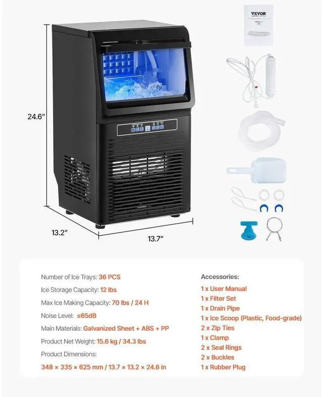 Alt view image 7 of 7 - VEVOR Commercial Ice Maker  70lbs/24H  Ice Maker Machine  36 Ice Cubes in 12-15 Minutes  Freestanding Cabinet Ice Maker with 12lbs Storage Capacity LED Digital Display  for Bar Home Office Restaurant