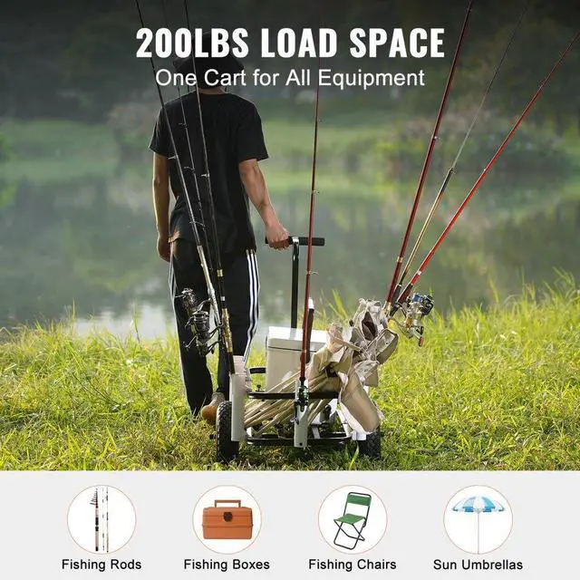 Alt view image 4 of 7 - VEVOR Beach Fishing Cart, 200 lbs Load Capacity, Fish and Marine Cart with Two 11" Big Wheels Rubber Balloon Tires for Sand, Heavy-Duty Steel Pier Wagon Trolley with 7 Rod Holders for Fishing, Picnic