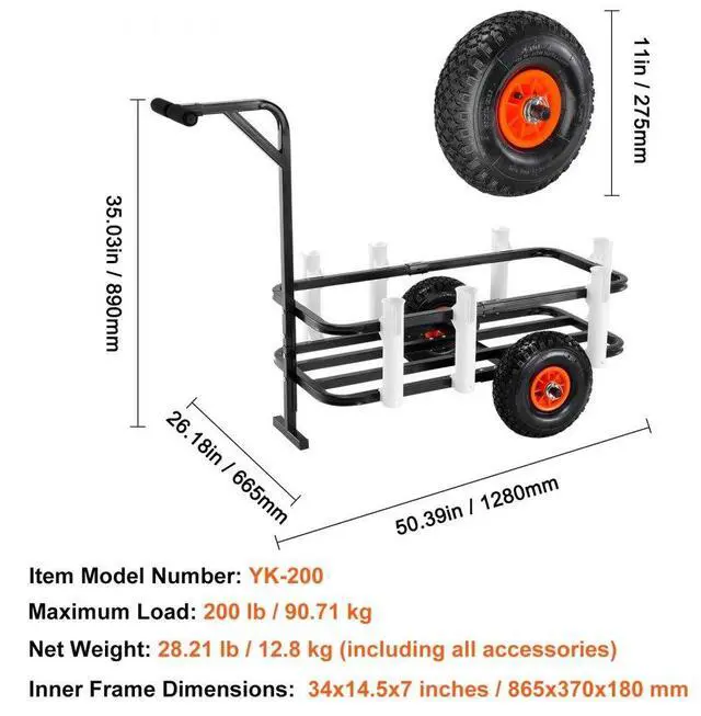 Alt view image 7 of 7 - VEVOR Beach Fishing Cart, 200 lbs Load Capacity, Fish and Marine Cart with Two 11" Big Wheels Rubber Balloon Tires for Sand, Heavy-Duty Steel Pier Wagon Trolley with 7 Rod Holders for Fishing, Picnic