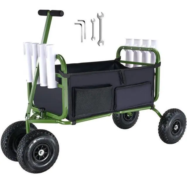 Main image of VEVOR Beach Fishing Cart, 300 lbs Load Capacity, Foldable Fish and Marine Cart with Four 11" Big Wheels Rubber Balloon Tires for Sand, Heavy-Duty Steel Pier Wagon Trolley with 8 Rod Holders for Picnic