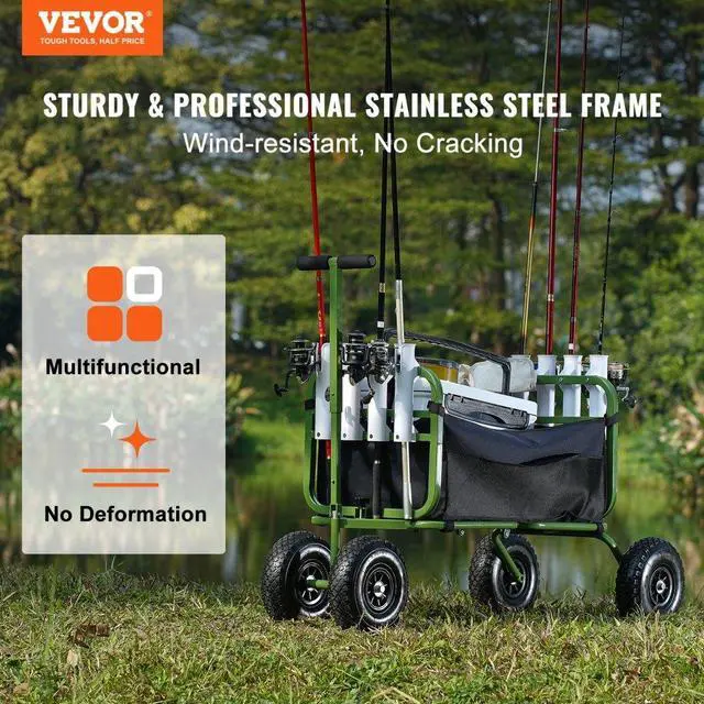 Alt view image 2 of 7 - VEVOR Beach Fishing Cart, 300 lbs Load Capacity, Foldable Fish and Marine Cart with Four 11" Big Wheels Rubber Balloon Tires for Sand, Heavy-Duty Steel Pier Wagon Trolley with 8 Rod Holders for Picnic
