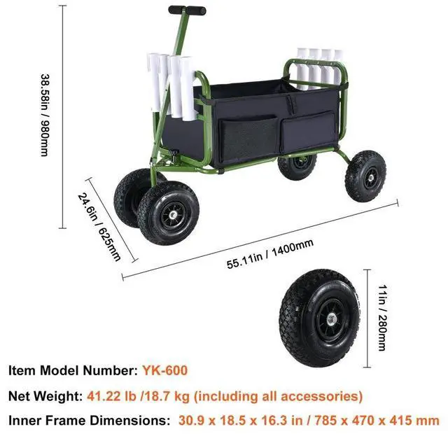 Alt view image 7 of 7 - VEVOR Beach Fishing Cart, 300 lbs Load Capacity, Foldable Fish and Marine Cart with Four 11" Big Wheels Rubber Balloon Tires for Sand, Heavy-Duty Steel Pier Wagon Trolley with 8 Rod Holders for Picnic