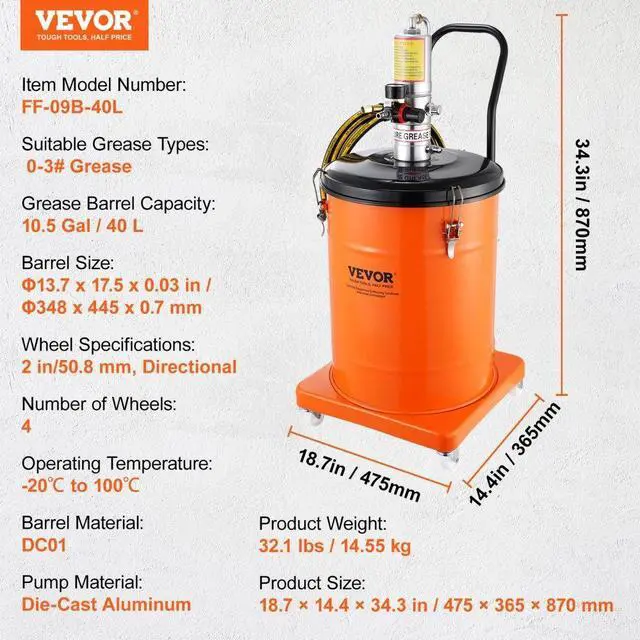Alt view image 7 of 7 - VEVOR Grease Pump, 10.5 Gallon 40L Air Operated Grease Pump with 13 ft High Pressure Hose and Grease Gun, Pneumatic Grease Bucket Pump with Wheels, Portable Lubrication Grease Pump 50:1 Pressure Ratio