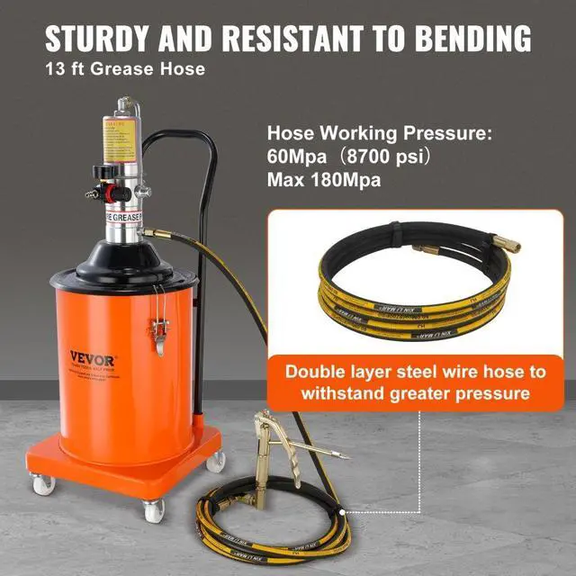 Alt view image 4 of 7 - VEVOR Grease Pump, 5 Gallon 20L, Air Operated Grease Pump with 13 ft High Pressure Hose and Grease Gun, Pneumatic Grease Bucket Pump with Wheels, Portable Lubrication Grease Pump 50:1 Pressure Ratio