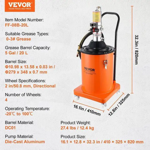 Alt view image 7 of 7 - VEVOR Grease Pump, 5 Gallon 20L, Air Operated Grease Pump with 13 ft High Pressure Hose and Grease Gun, Pneumatic Grease Bucket Pump with Wheels, Portable Lubrication Grease Pump 50:1 Pressure Ratio