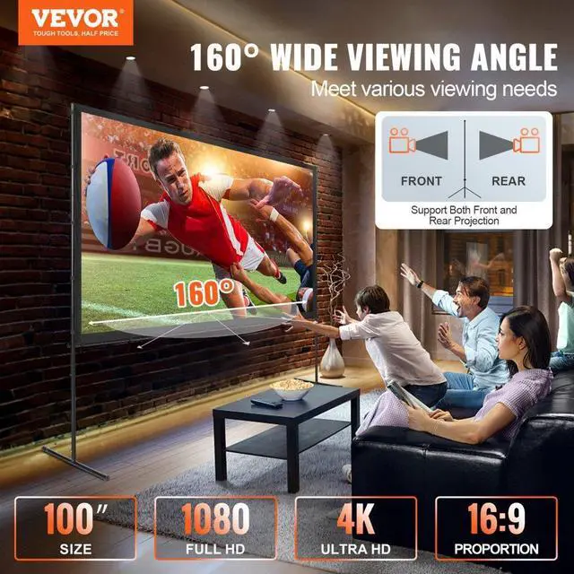 Alt view image 3 of 8 - VEVOR Projector Screen with Stand, 100 inch 16:9 4K 1080 HD Outdoor Movie Screen with Stand, Wrinkle-Free Projection Screen with Bar Feet and Carry Bag, for Home Theater Cinema Backyard Movie Night