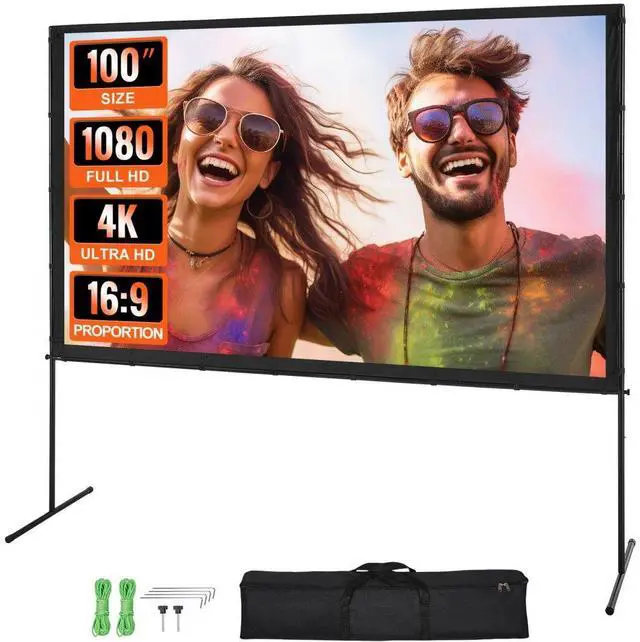 Main image of VEVOR Projector Screen with Stand, 100 inch 16:9 4K 1080 HD Outdoor Movie Screen with Stand, Wrinkle-Free Projection Screen with Bar Feet and Carry Bag, for Home Theater Cinema Backyard Movie Night