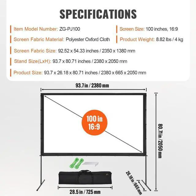 Alt view image 8 of 8 - VEVOR Projector Screen with Stand, 100 inch 16:9 4K 1080 HD Outdoor Movie Screen with Stand, Wrinkle-Free Projection Screen with Bar Feet and Carry Bag, for Home Theater Cinema Backyard Movie Night