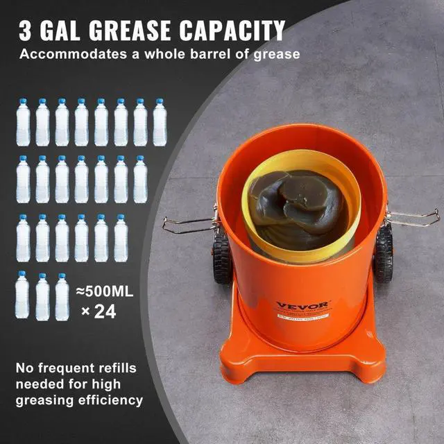 Alt view image 5 of 7 - VEVOR Grease Pump, 3 Gallon 12L, Air Operated Grease Pump with 13 ft High Pressure Hose and Grease Gun, Pneumatic Grease Bucket Pump with Wheels, Portable Lubrication Grease Pump 50:1 Pressure Ratio