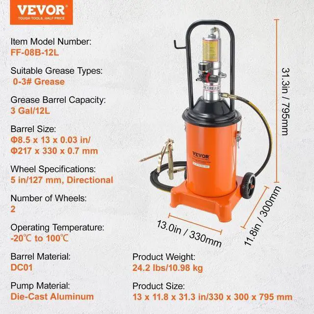 Alt view image 7 of 7 - VEVOR Grease Pump, 3 Gallon 12L, Air Operated Grease Pump with 13 ft High Pressure Hose and Grease Gun, Pneumatic Grease Bucket Pump with Wheels, Portable Lubrication Grease Pump 50:1 Pressure Ratio