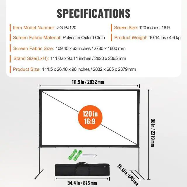 Alt view image 8 of 8 - VEVOR Projector Screen with Stand, 120 inch 16:9 4K 1080 HD Outdoor Movie Screen with Stand, Wrinkle-Free Projection Screen with Bar Feet and Carry Bag, for Home Theater Cinema Backyard Movie Night