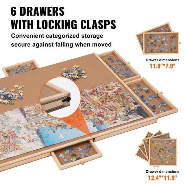 Alt view image 4 of 7 - VEVOR 1500 Piece Puzzle Board with 6 Drawers and Cover, 32.7"x24.6" Rotating Wooden Jigsaw Puzzle Plateau, Portable Puzzle Accessories for Adult, Puzzle Organizer & Puzzle Storage System, Gift for Mom