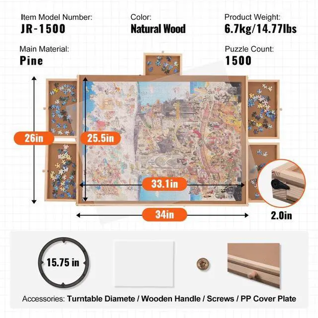 Alt view image 7 of 7 - VEVOR 1500 Piece Puzzle Board with 6 Drawers and Cover, 32.7"x24.6" Rotating Wooden Jigsaw Puzzle Plateau, Portable Puzzle Accessories for Adult, Puzzle Organizer & Puzzle Storage System, Gift for Mom