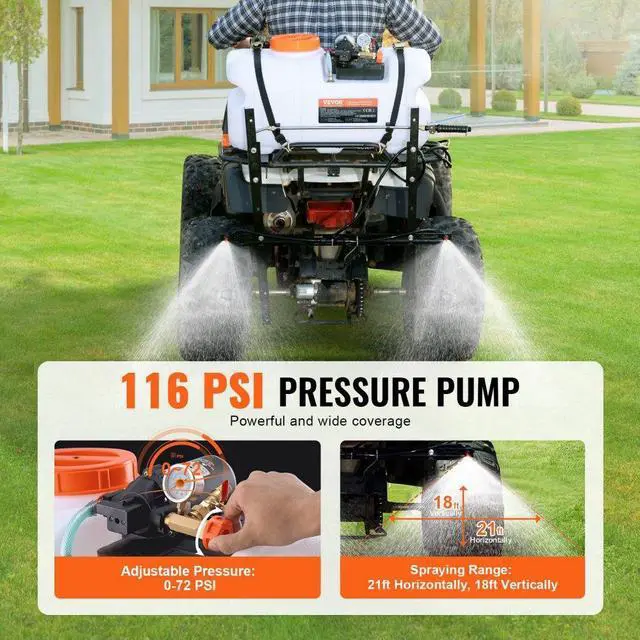 Alt view image 3 of 7 - VEVOR ATV Spot Sprayer, 15.9 Gal/60 L ATV/UTV Broadcast Sprayer with A Nozzle Boom, 12 V Pump Weed Sprayer with Water Tank, 1.9 GPM Flow Rate, Adjustable 0-72 PSI, 20FT Hose, White