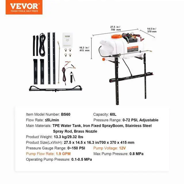 Alt view image 7 of 7 - VEVOR ATV Spot Sprayer, 15.9 Gal/60 L ATV/UTV Broadcast Sprayer with A Nozzle Boom, 12 V Pump Weed Sprayer with Water Tank, 1.9 GPM Flow Rate, Adjustable 0-72 PSI, 20FT Hose, White