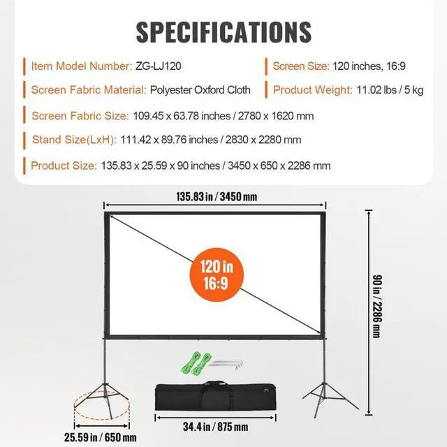Alt view image 8 of 10 - VEVOR Projector Screen with Stand, 120 inch 16:9 4K 1080 HD Outdoor Movie Screen with Stand, Wrinkle-Free Projection Screen with Tripods and Carry Bag, for Home Theater Cinema Backyard Movie Night