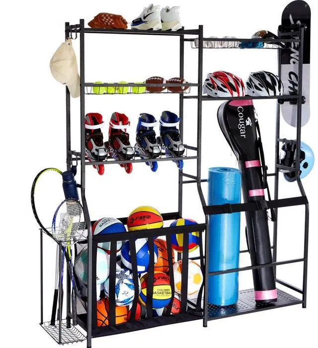 Main image of VEVOR Golf Storage Garage Organizer, 2 Golf Bag Storage Stand Holder and Other Sports Equipment Storage Rack, Outdoor Steel Ball Cart, Sports Gear and Toys Storage Shelves with Baskets & Hooks, Black