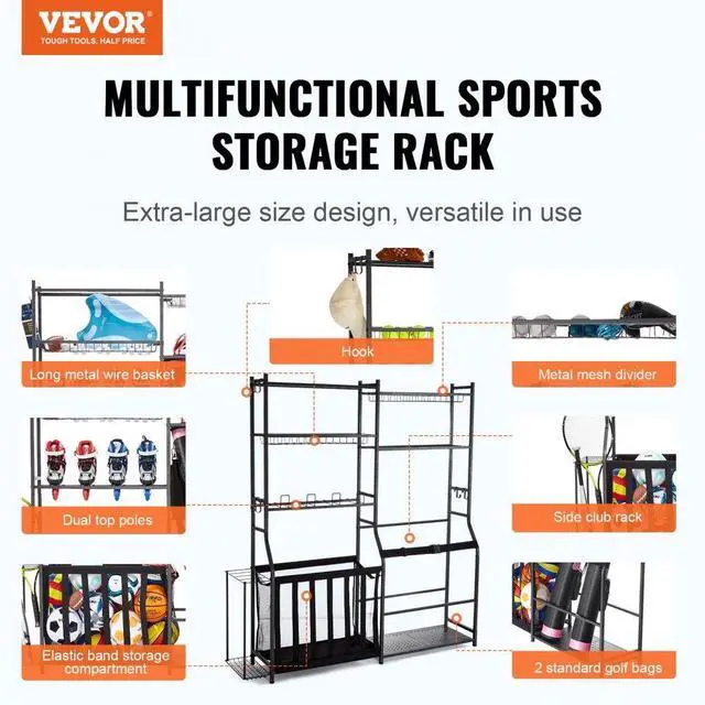Alt view image 2 of 7 - VEVOR Golf Storage Garage Organizer, 2 Golf Bag Storage Stand Holder and Other Sports Equipment Storage Rack, Outdoor Steel Ball Cart, Sports Gear and Toys Storage Shelves with Baskets & Hooks, Black