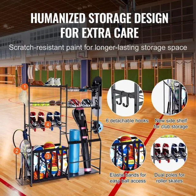 Alt view image 4 of 7 - VEVOR Golf Storage Garage Organizer, 2 Golf Bag Storage Stand Holder and Other Sports Equipment Storage Rack, Outdoor Steel Ball Cart, Sports Gear and Toys Storage Shelves with Baskets & Hooks, Black