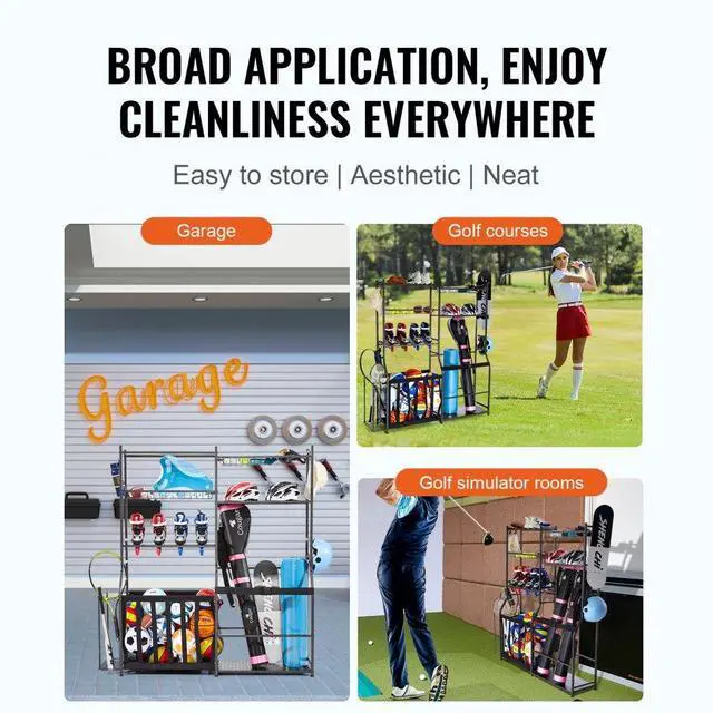 Alt view image 6 of 7 - VEVOR Golf Storage Garage Organizer, 2 Golf Bag Storage Stand Holder and Other Sports Equipment Storage Rack, Outdoor Steel Ball Cart, Sports Gear and Toys Storage Shelves with Baskets & Hooks, Black
