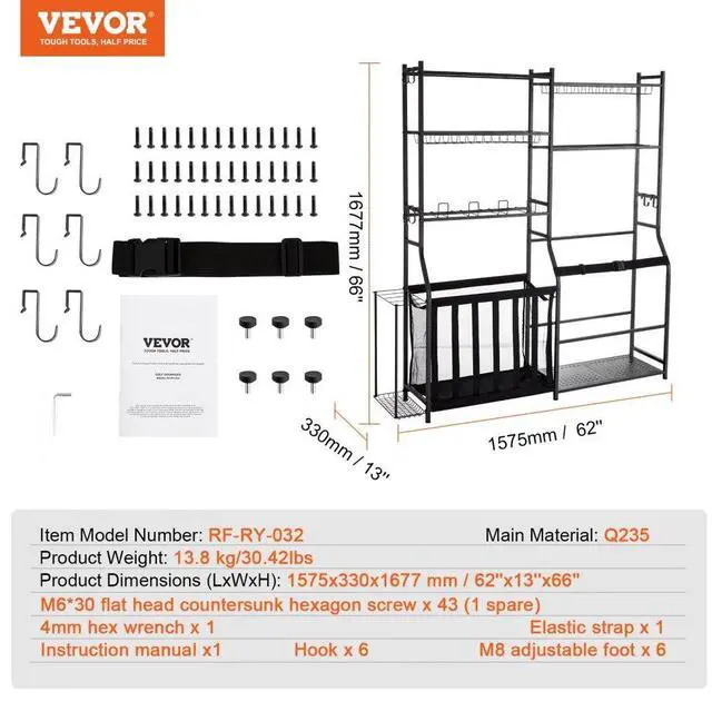 Alt view image 7 of 7 - VEVOR Golf Storage Garage Organizer, 2 Golf Bag Storage Stand Holder and Other Sports Equipment Storage Rack, Outdoor Steel Ball Cart, Sports Gear and Toys Storage Shelves with Baskets & Hooks, Black